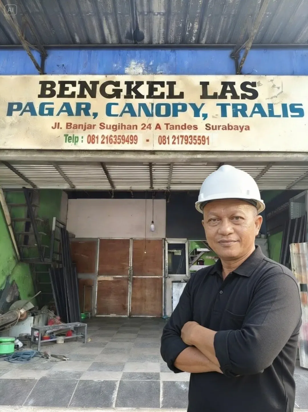 Owner Bengkel Las Abib Jaya dan suasana bengkel di Surabaya